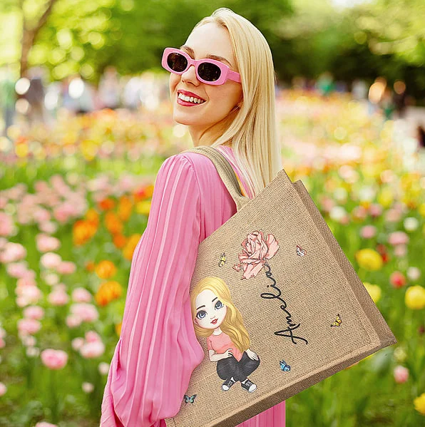 Personalisierte Cartoon-Charakter Jute-Tasche Tote Bag mit Geburtsblume Namen Große Kapazität Muttertag Geburtstag Geschenk für Damen Mädchen